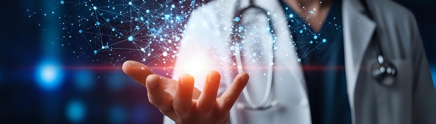 Doctor holding glowing digital network connections representing telemedicine, healthcare technology innovation, and medical data connectivity solutions.